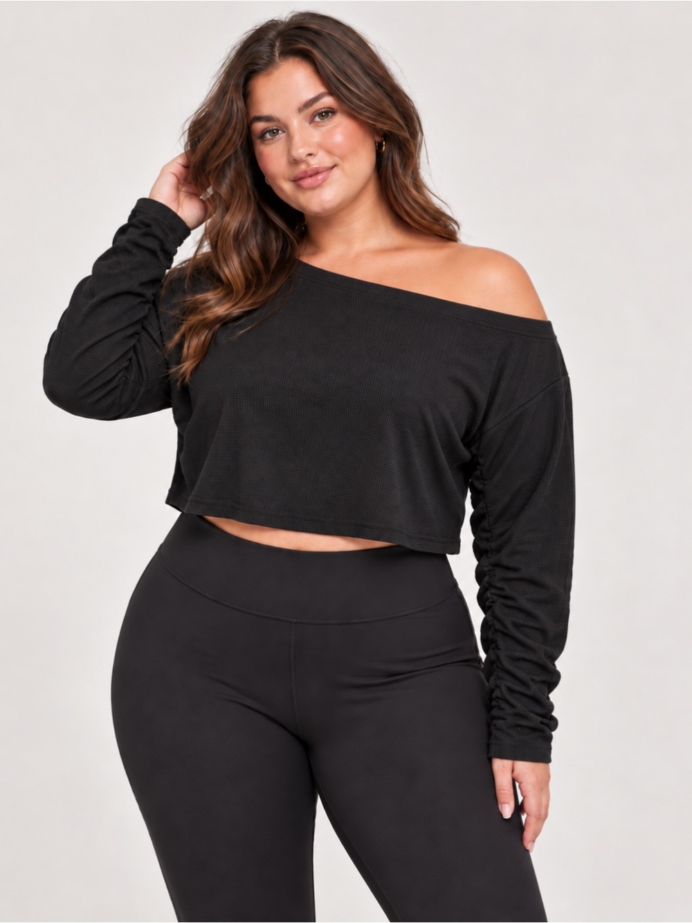 Naked Wardrobe Waffle Off-Shoulder Ruched Sleeve Cropped Knit Top Black
